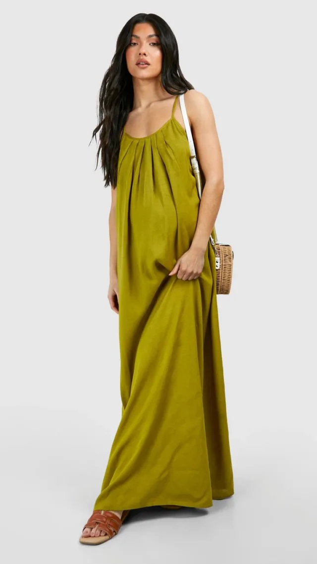 Khaki Maternity Linen Look Strappy Maxi Dress