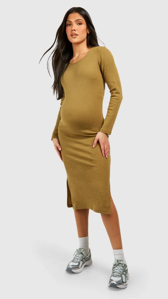 Khaki Maternity Long Sleeve Midi Rib Dress