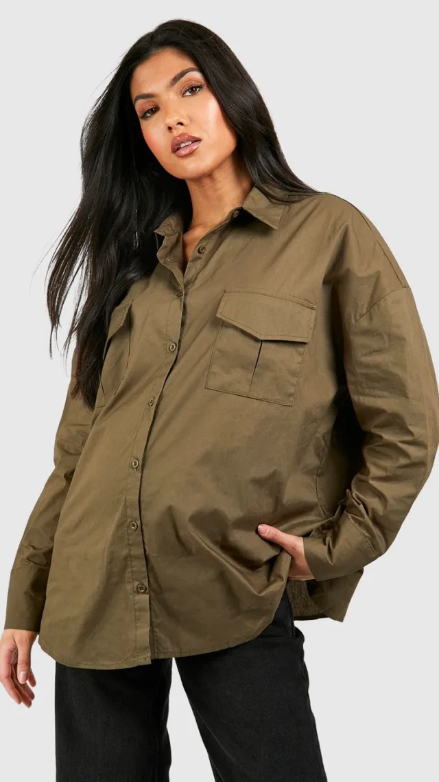 Khaki Maternity Oversized Utility Shirt