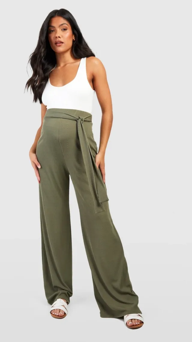 Khaki Maternity Rib Belted Wide Leg Pants