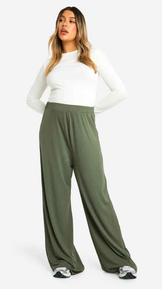 Khaki Maternity Rib Wide Leg Pants