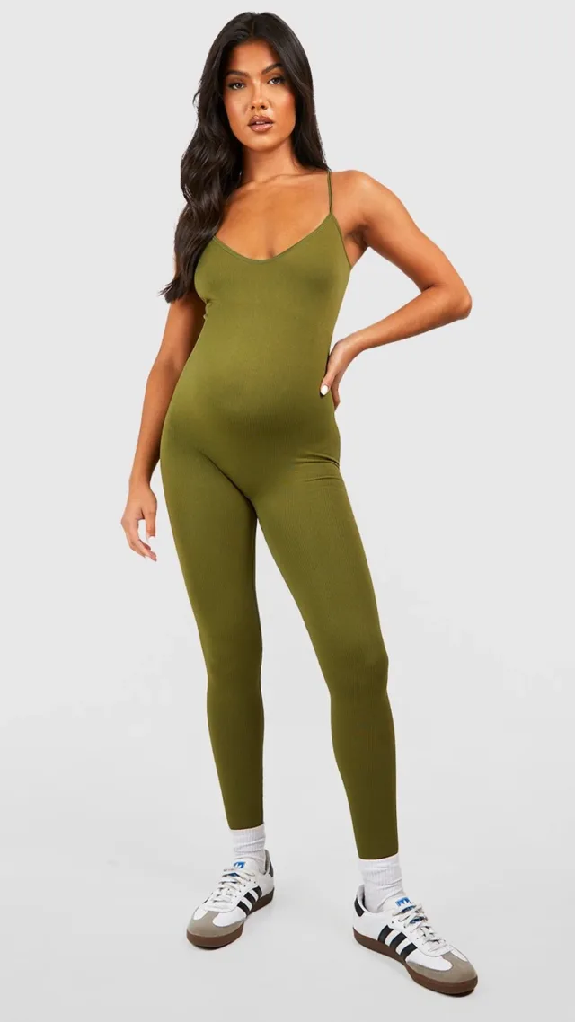 Khaki Maternity Seamless Unitard Jumpsuit