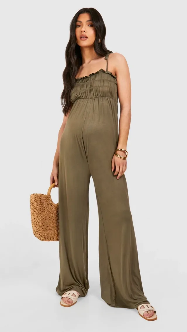 Khaki Maternity Shirred Strappy Jumpsuit