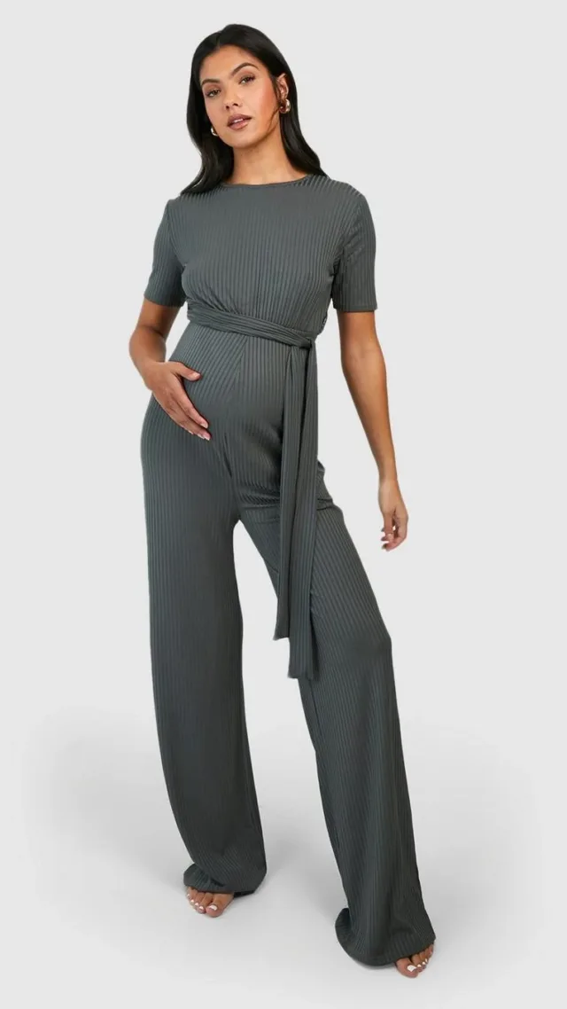 Khaki Maternity Short Sleeve Belted Loungewear Jumpsuit