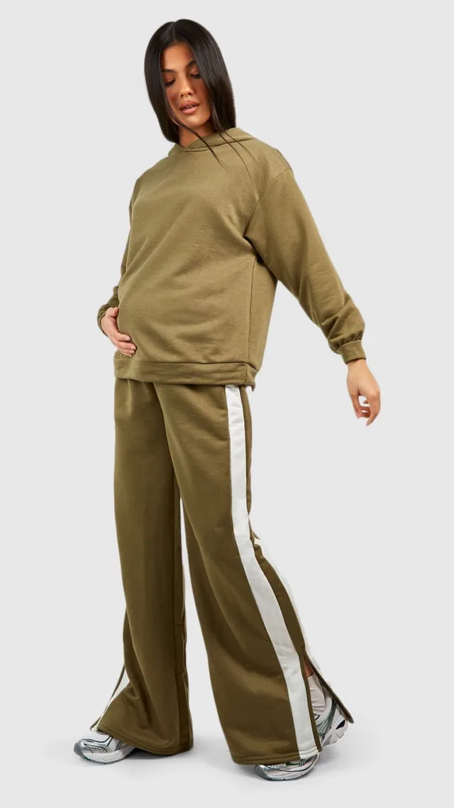 Khaki Maternity Side Stripe Straight Leg Hooded Tracksuit