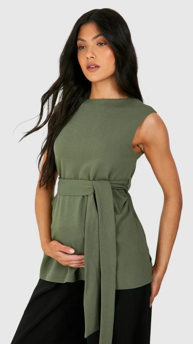 Khaki Maternity Sleeveless Belted Crepe Top