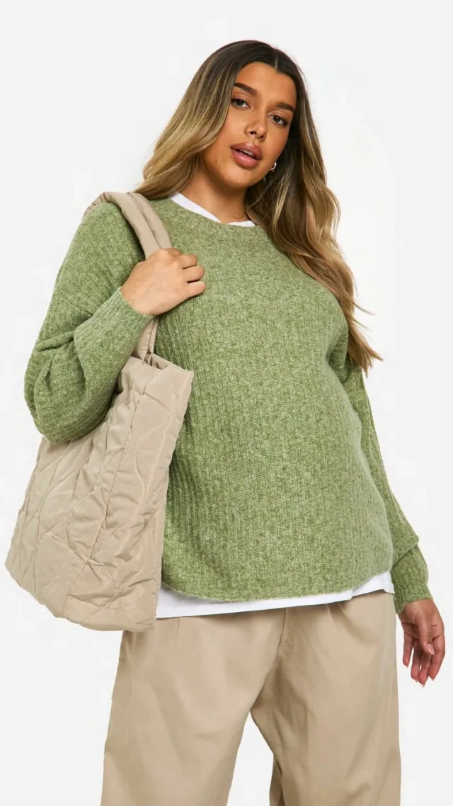 Khaki Maternity Soft Rib Knit Balloon Sleeve Sweater