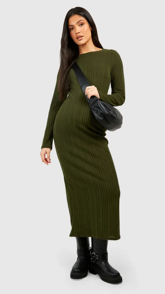 Khaki Maternity Soft Rib Knitted Midi Dress