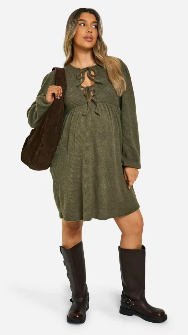 Khaki Maternity Soft Rib Tie Front Smock Dress