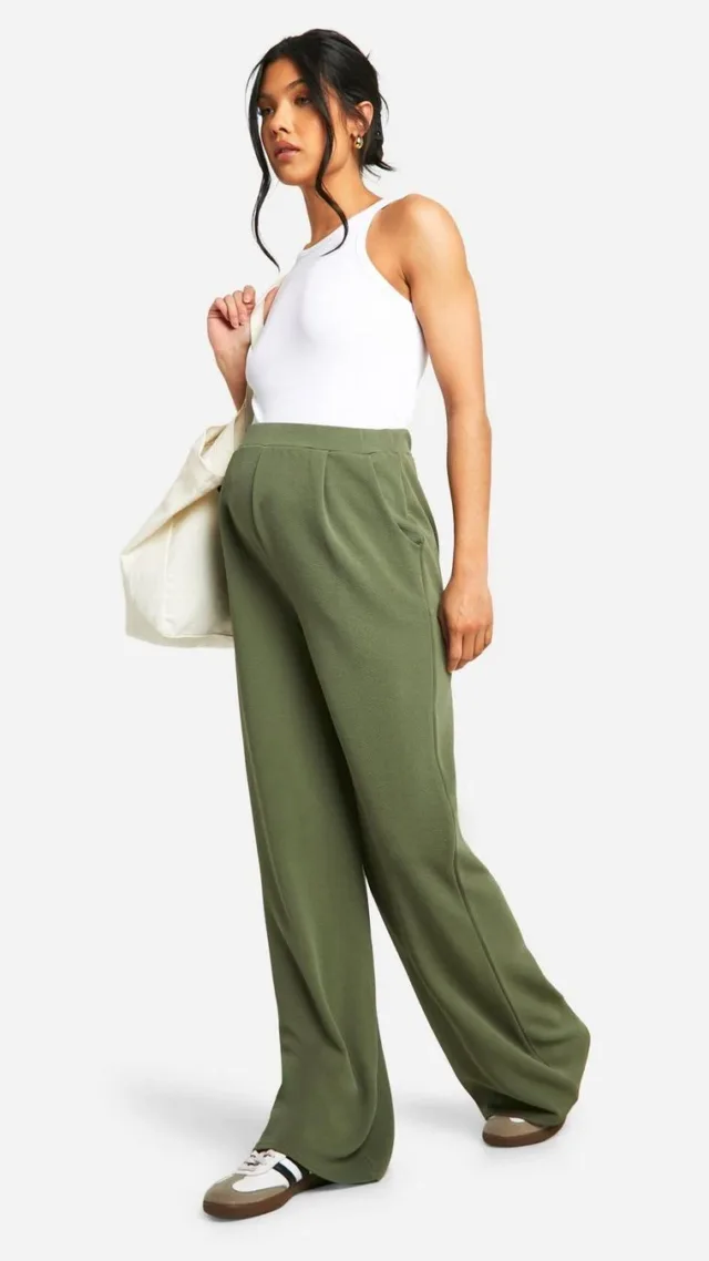 Khaki Maternity Tailored Crepe Wide Leg Pants