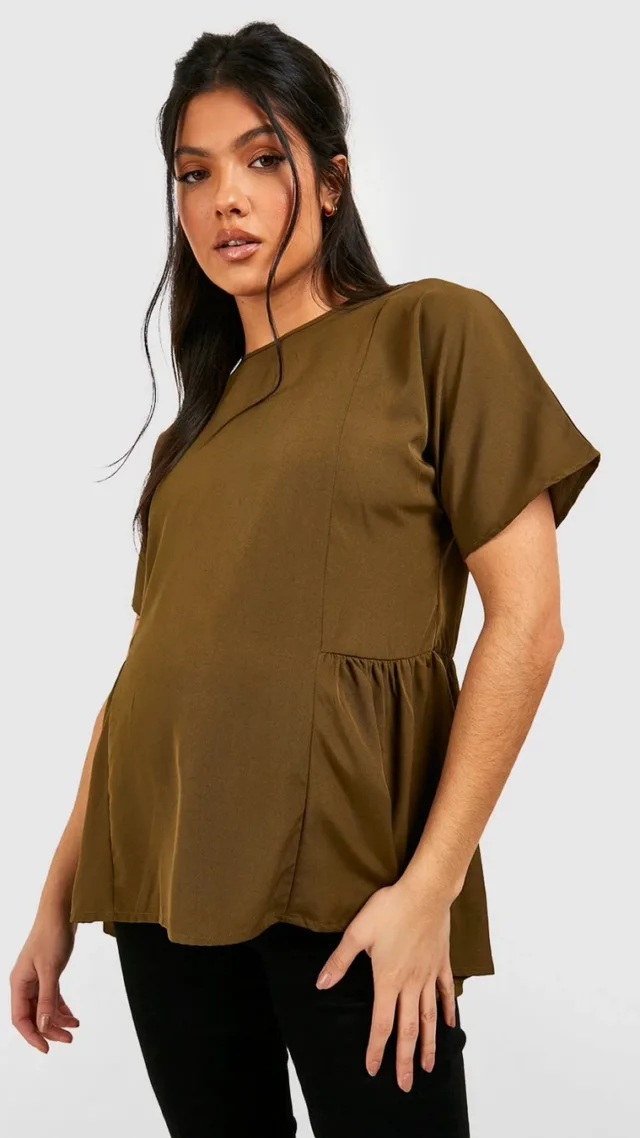 Khaki Maternity Tunic Dip Hem Smock Top