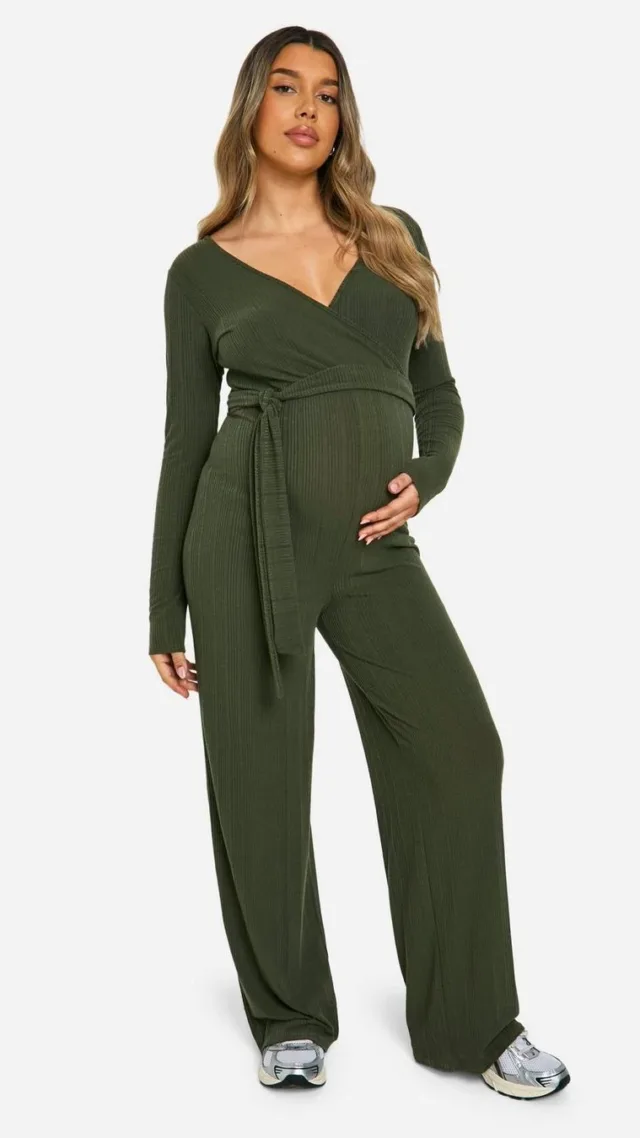 Khaki Maternity Wide Soft Rib Wrap Tie Detail Wide Leg Jumpsuit