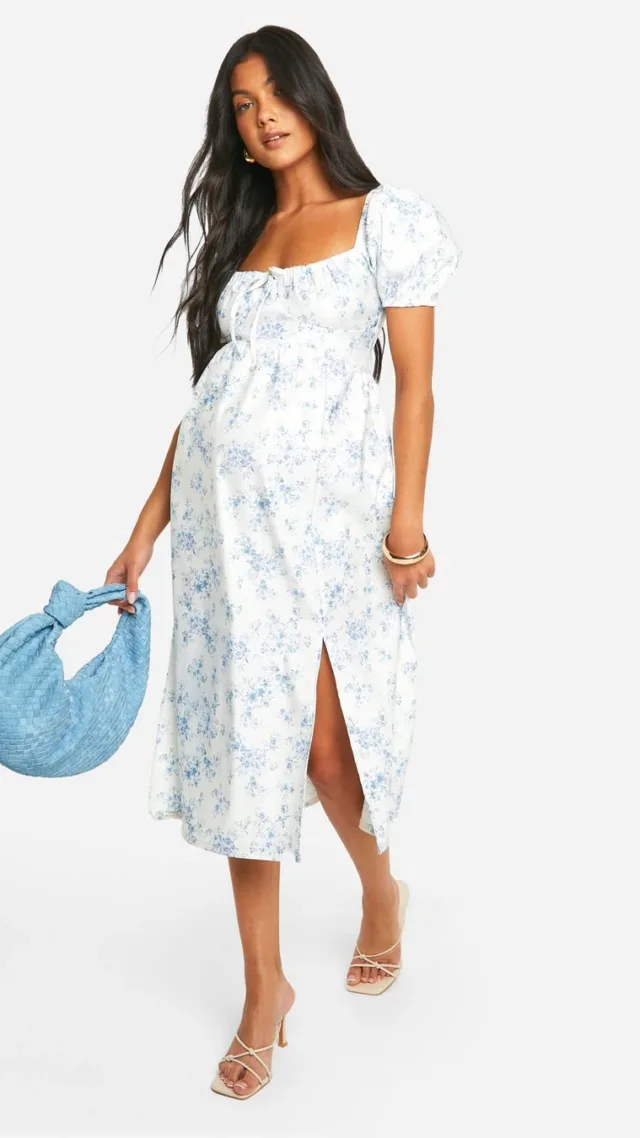 Light Blue Maternity Bengaline Puff Sleeve Porcelain Print Milkmaid Midi Dress