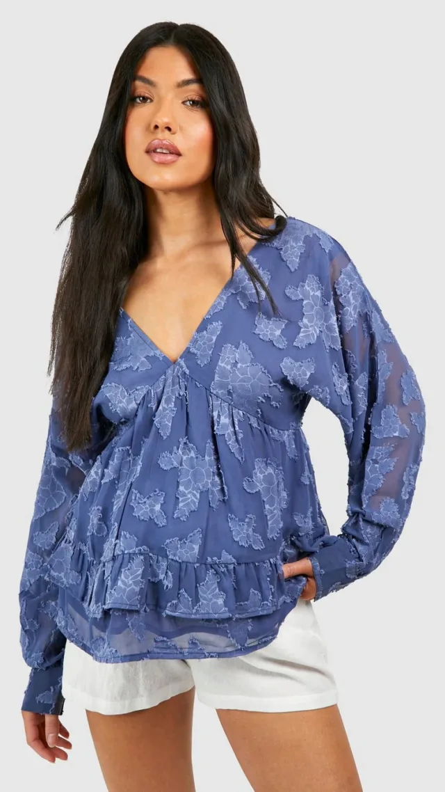 Light Blue Maternity Floral Jacquard V Neck Smock Top