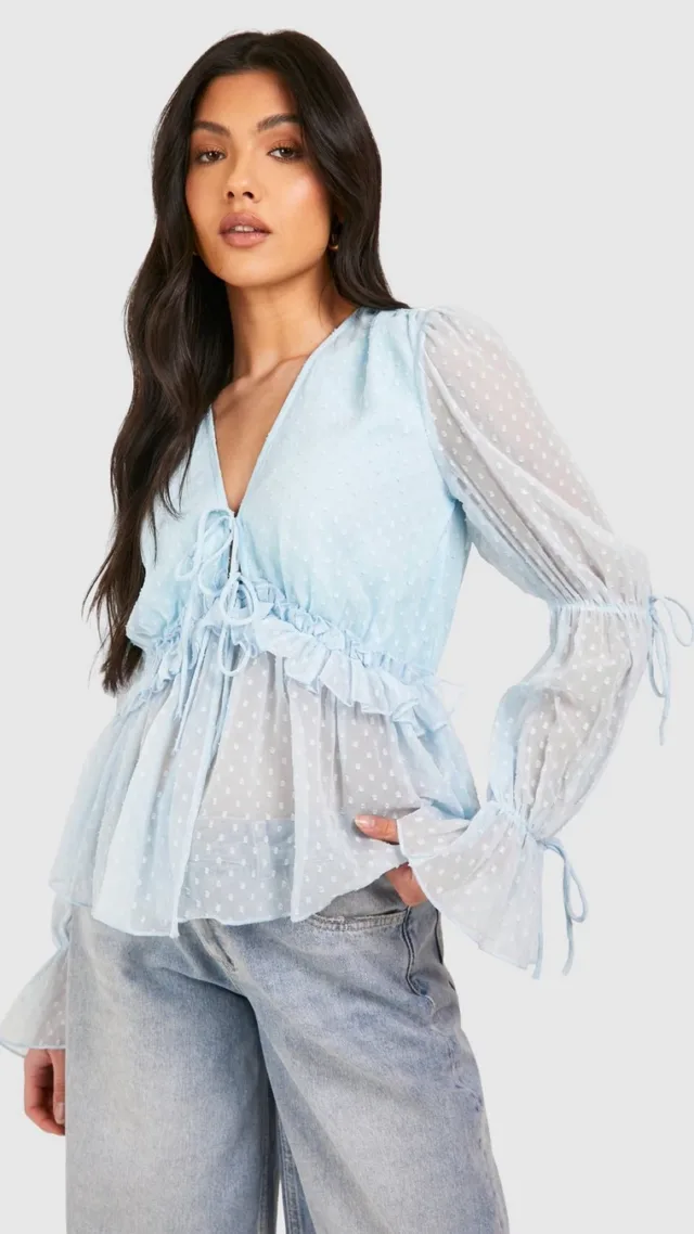 Light Blue Maternity Frill Dobby Peplum Top