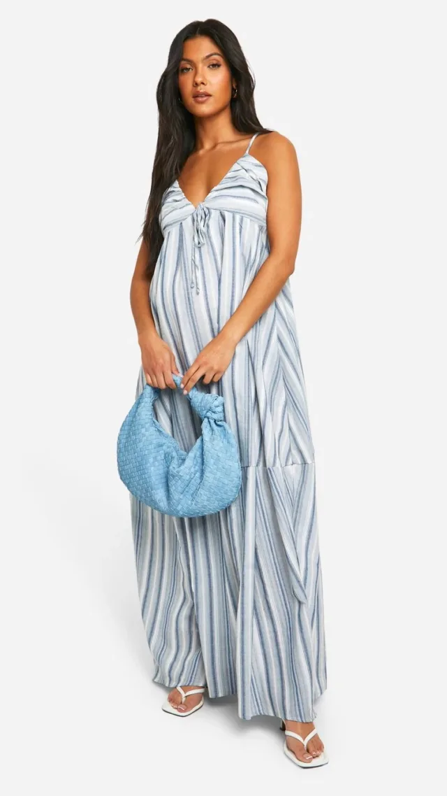 Light Blue Maternity Linen Look Striped Strappy Maxi Dress