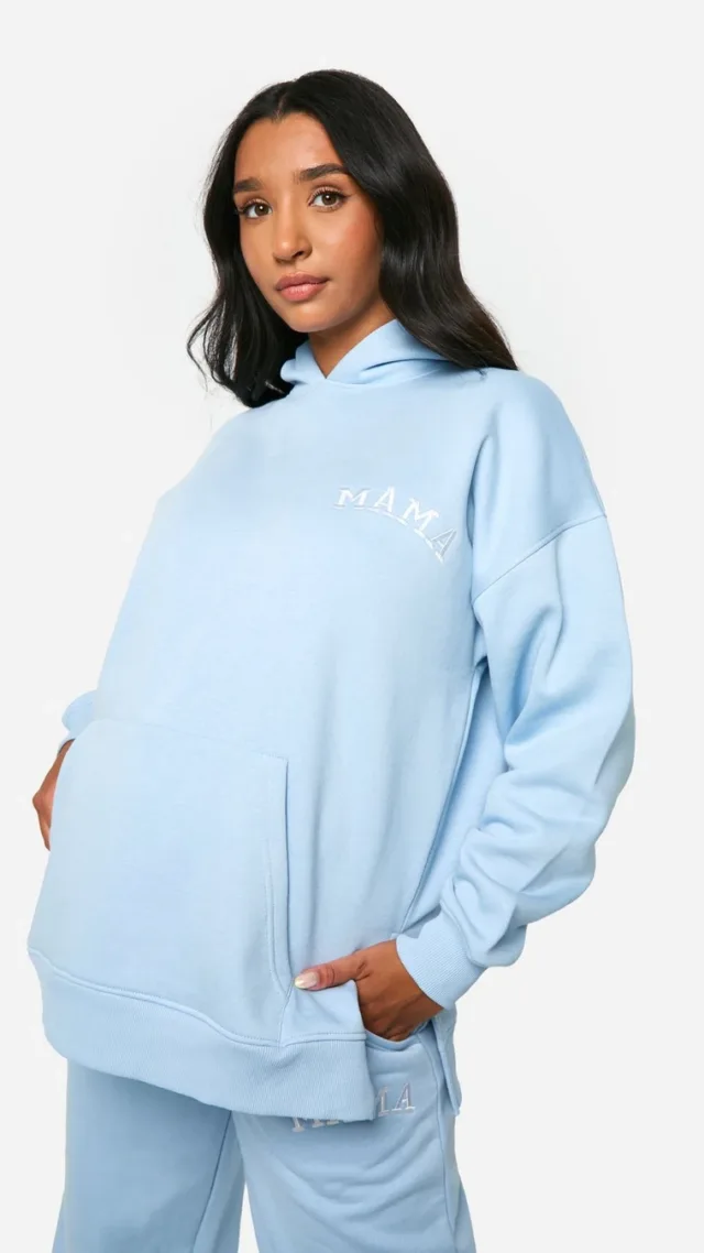 Light Blue Maternity Mama Applique Oversized Hoodie