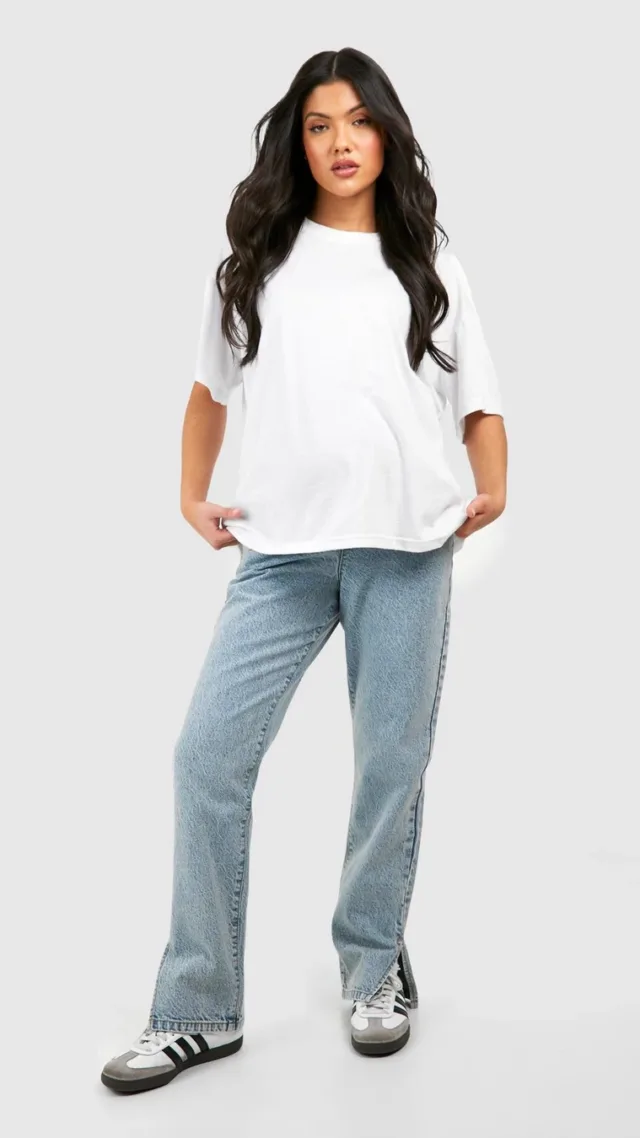 Light Blue Maternity Over Bump Split Hem Straight Jean