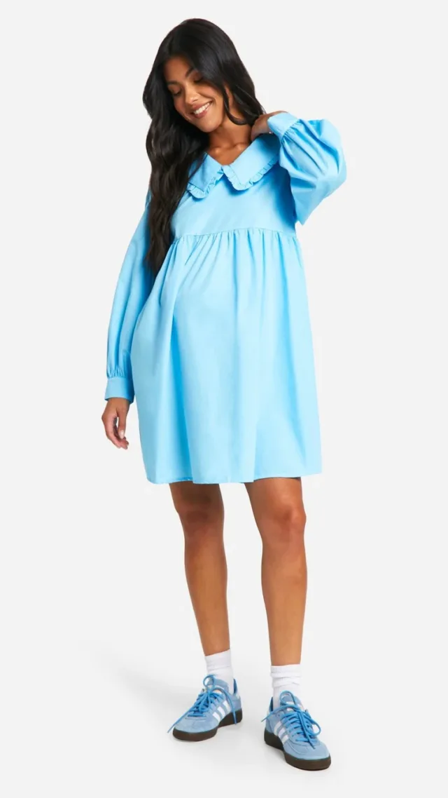 Light Blue Maternity Poplin Frill Collared Long Sleeve Smock Dress