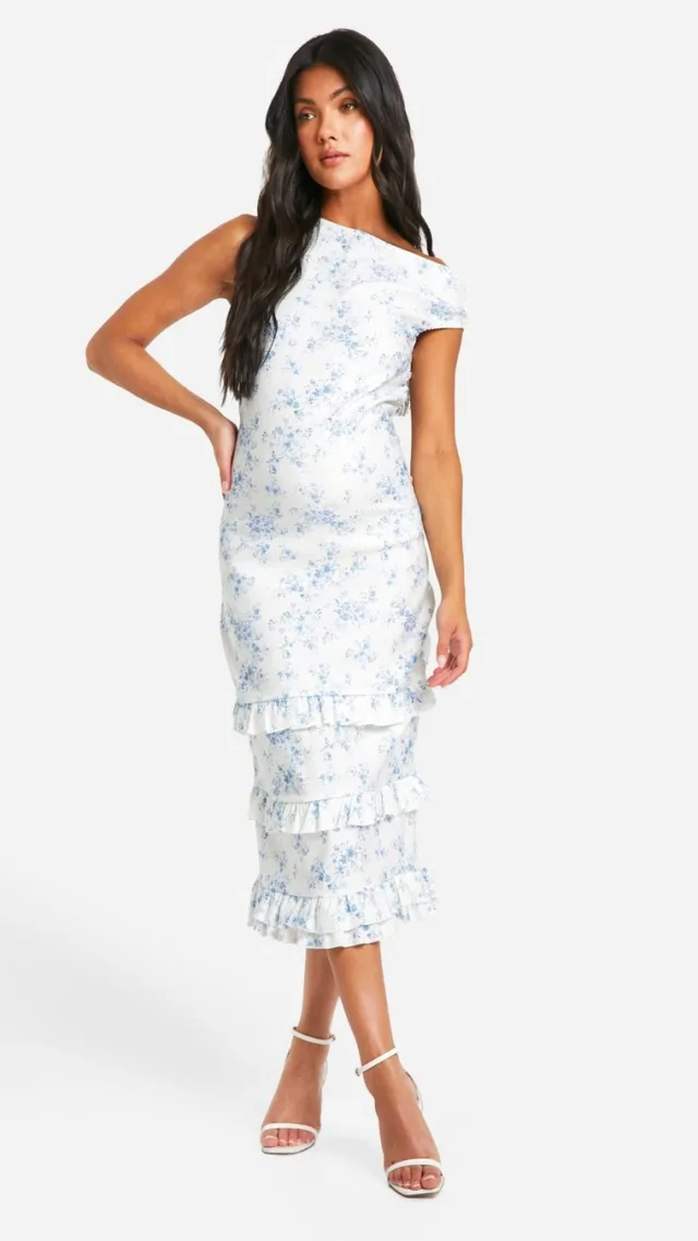 Light Blue Maternity Porcelain Print Bengaline Asymmetric Frill Midi Dress