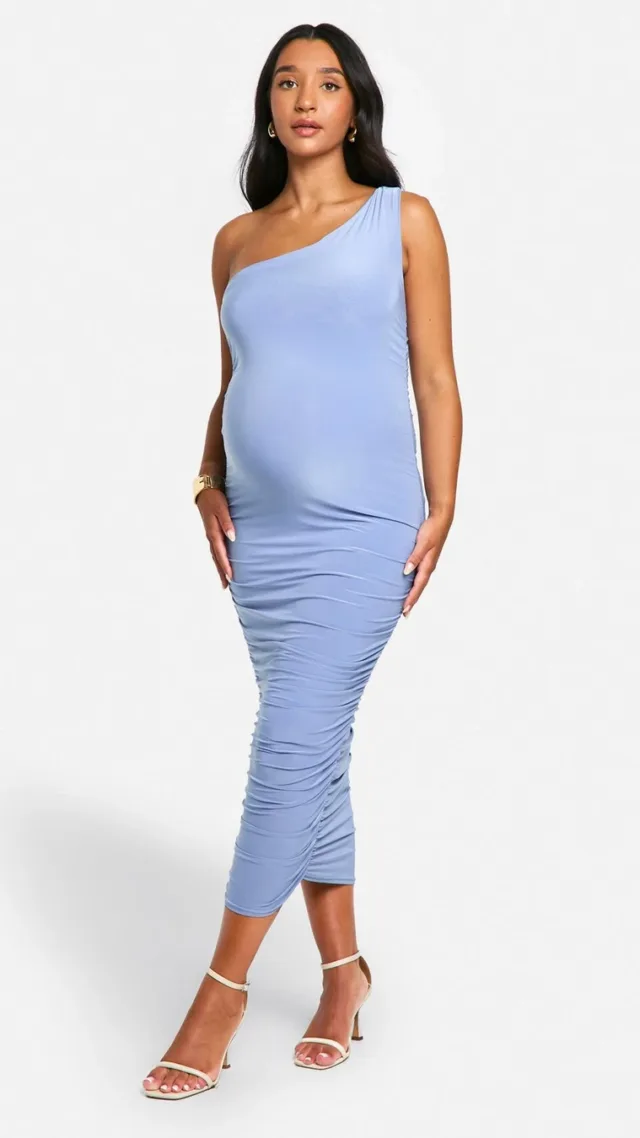 Light Blue Maternity Slinky Asymmetric Ruched Midi Dress