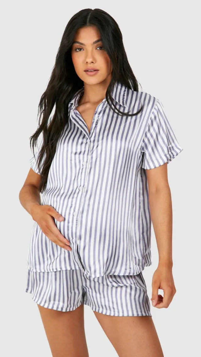 Light Blue Maternity Stripe Short Pyjama Set