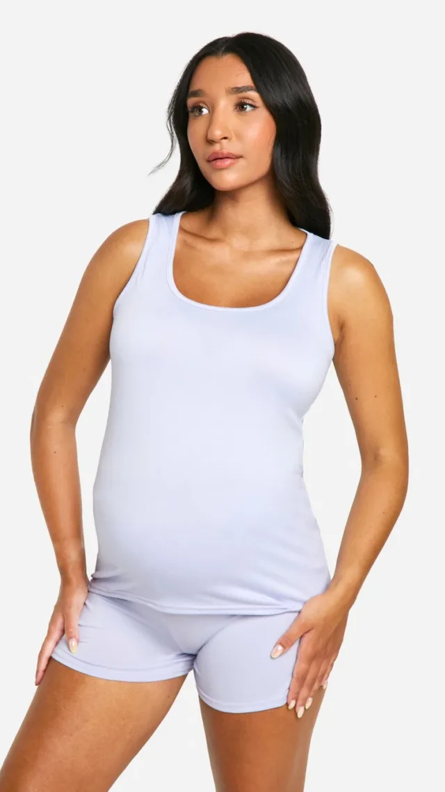 Light Blue Maternity Super Soft Tank Top And Short Loungewear Set