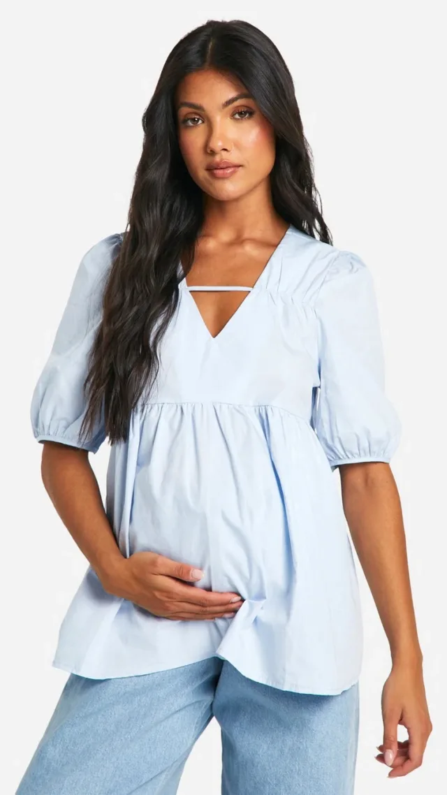 Light Blue Maternity V Neck Puff Sleeve Smock Top