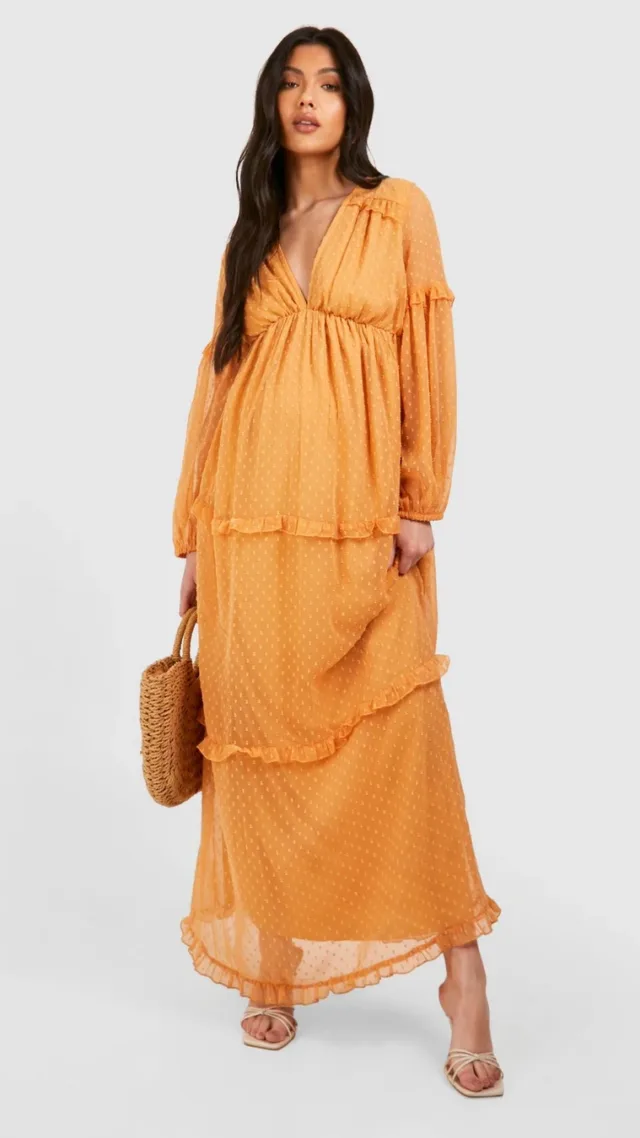 Light Brown Maternity Dobby Mesh Ruffle Maxi Dress