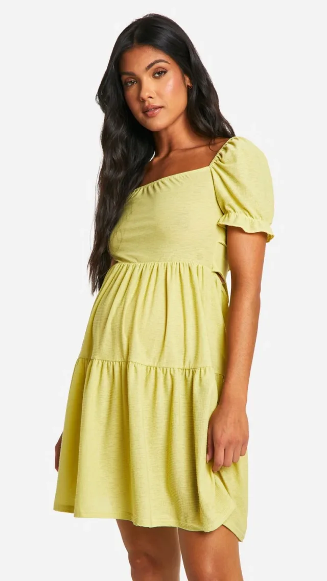 Light Green Maternity Jersey Knit Smock Milkmaid Mini Dress