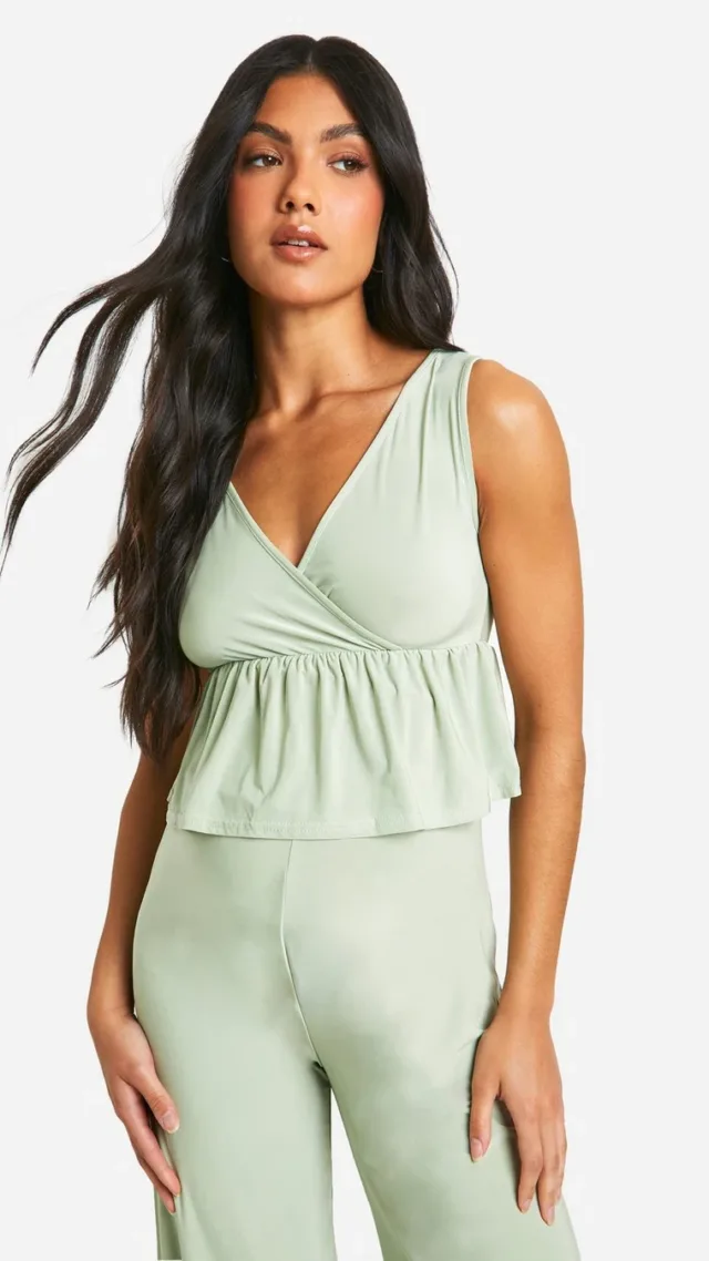 Light Green Maternity Slinky V Neck Peplum Blouse