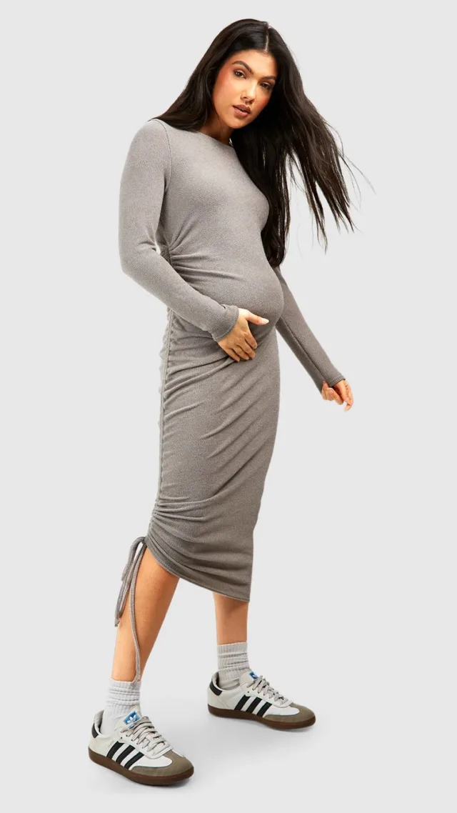 Light Grey Maternity Ruched Detail Midi Dress