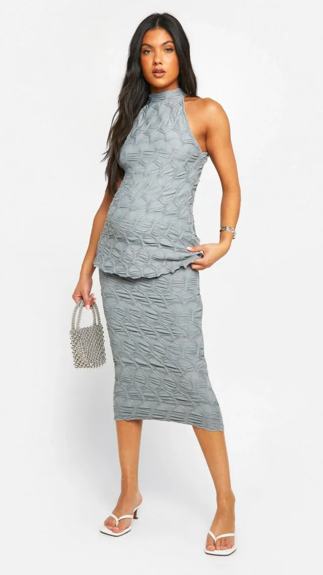 Light Grey Maternity Textured Jacquard Midi Skirt