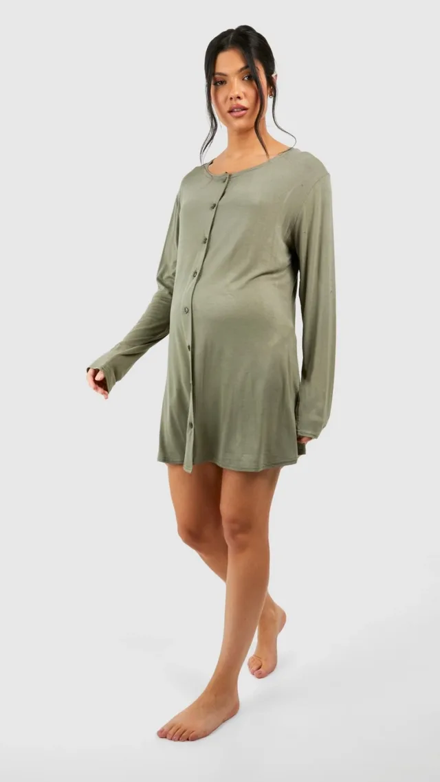 Light Khaki Maternity Long Sleeve Peached Jersey Knit Button Down Nightgown