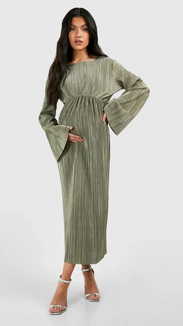 Light Khaki Maternity Plisse Batwing Midi Dress