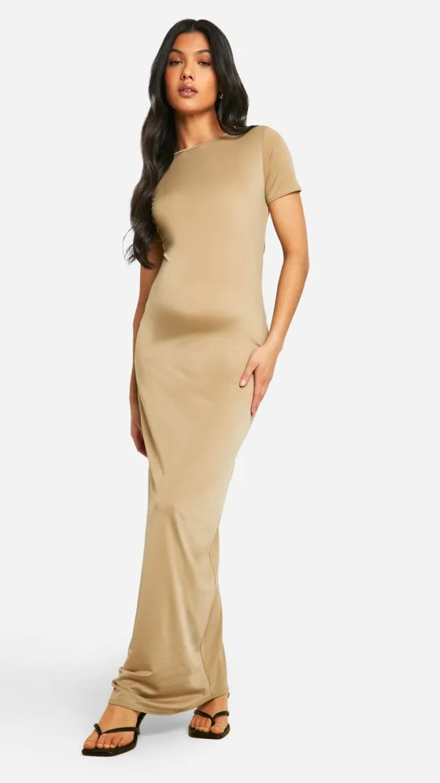 Light Khaki Maternity Premium Slinky Short Sleeve Maxi Dress