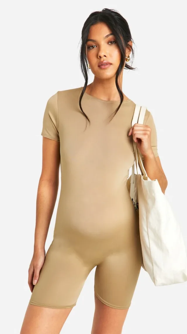 Light Khaki Maternity Premium Slinky Short Sleeve Romper