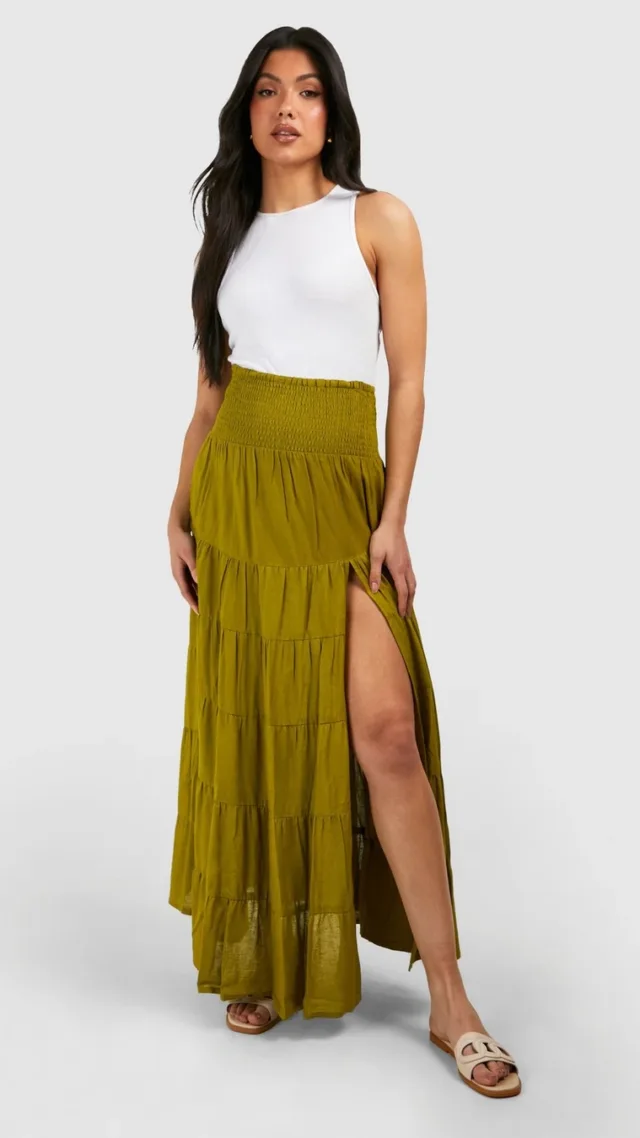 Light Khaki Maternity Shirred Tiered Maxi Skirt