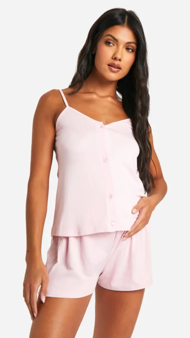 Light Pink Maternity Button Down Cami And Short Pajama Set