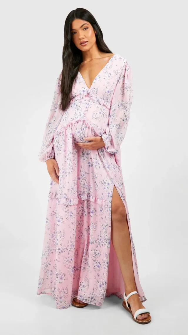 Light Pink Maternity Floral Print Side Split Maxi Dress