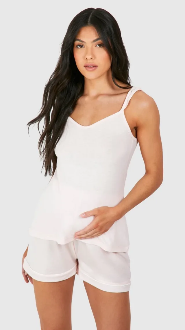 Light Pink Maternity Frill Sleeve Piped Short Pyjama Set