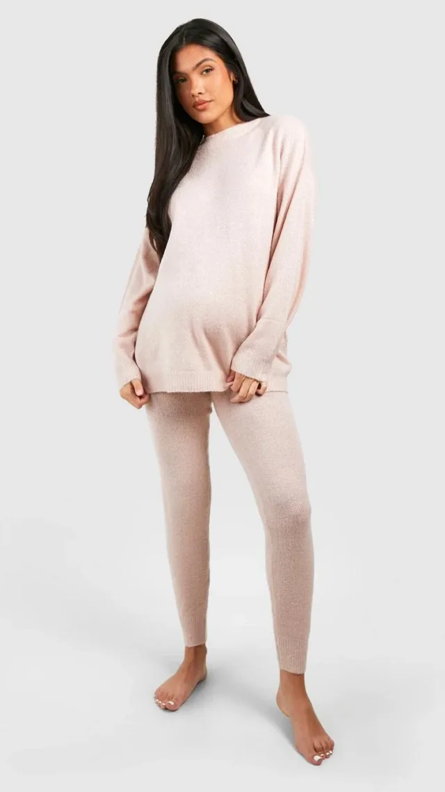 Light Pink Maternity Knitted Crew Neck Sweater Loungewear Set