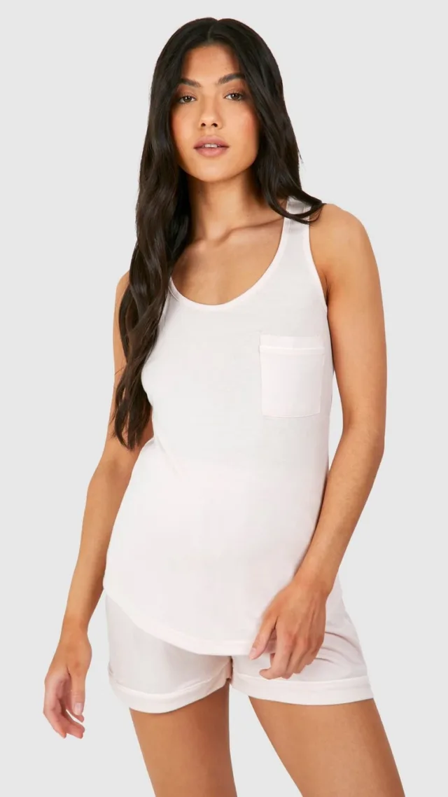 Light Pink Maternity Piped Tank Top And Short Pajama Set