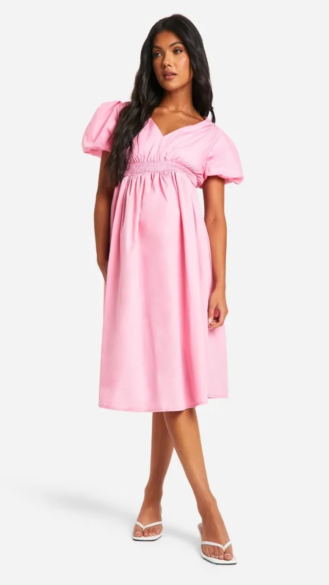 Light Pink Maternity Puff Sleeve Midi Smock Dress