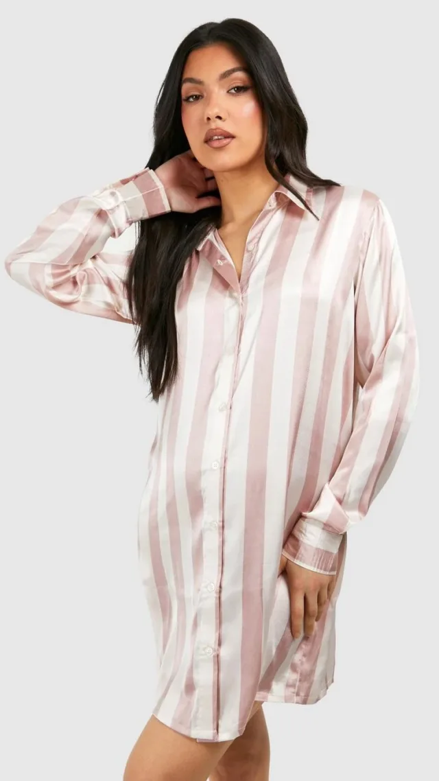 Light Pink Maternity Satin Stripe Night Shirt