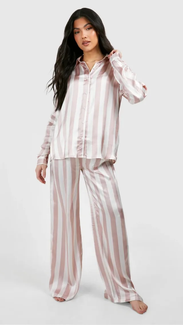 Light Pink Maternity Satin Stripe Pajama Pants Set