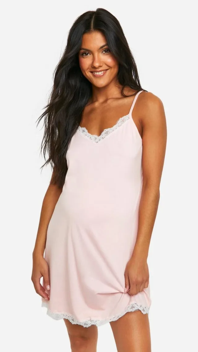 Light Pink Maternity Super Soft Lace Trim Nightgown