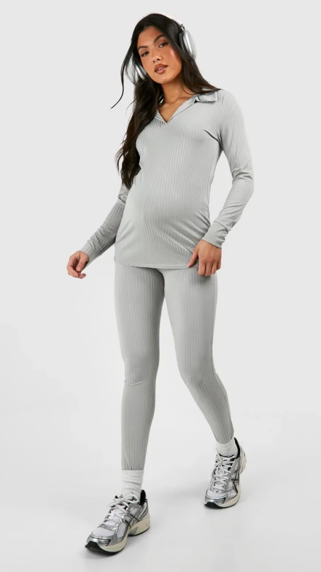 Lilac Grey Maternity Rib Collared T-Shirt And Legging Set