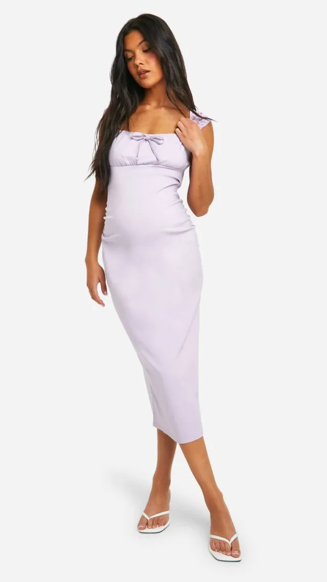 Lilac Maternity Bengaline Lace Cap Sleeve Milkmaid Midi Dress