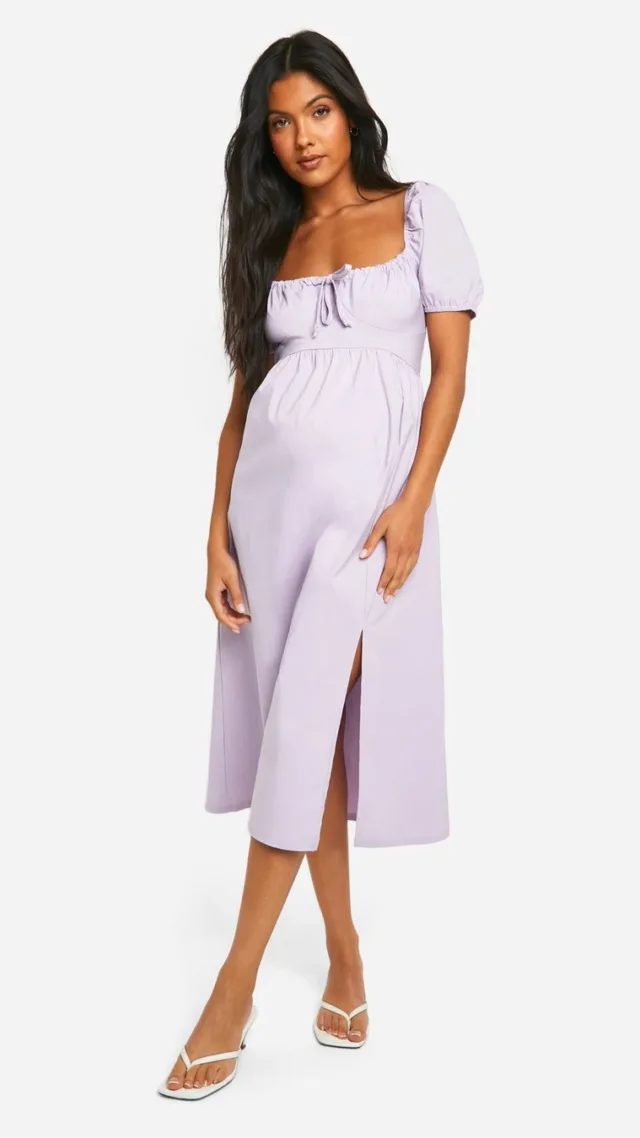 Lilac Maternity Bengaline Puff Sleeve Milkmaid Midi Dress